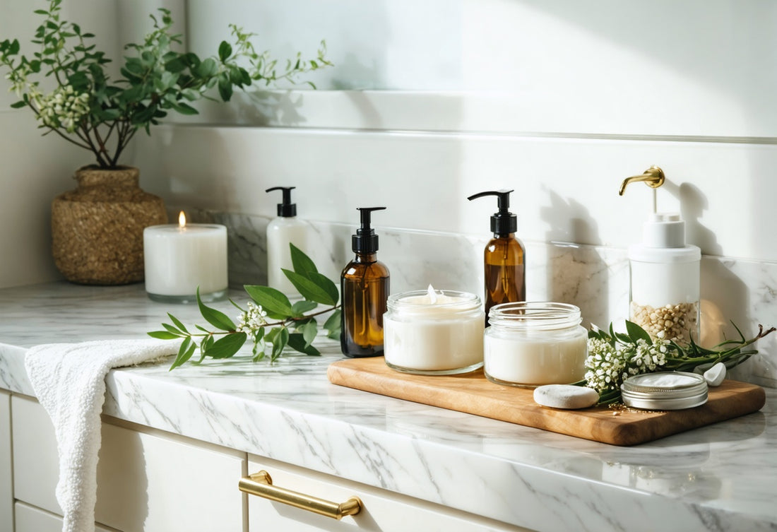 Natural cosmetics in glass jars and amber bottles on a marble bathroom counter with greenery
